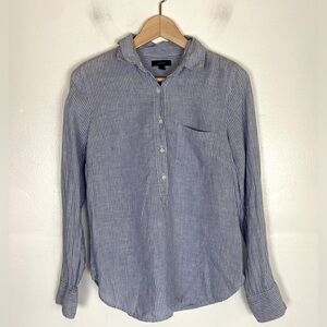 J. Crew Linen Long Sleeves Top Size 2 Blue Stripes Henley Front Pocket Preppy